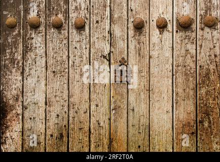 Sehr alte Holztür mit viel Konsistenz und rostigen Eisennägeln. Stockfoto
