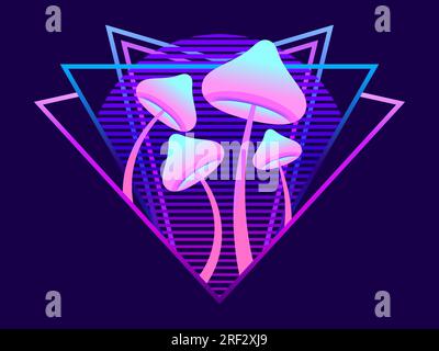Leuchtende Pilze bei Sonnenuntergang im Retro-futuristischen Stil von 80s. Rave-Party. Gradienten-Biolumineszenz-Pilze. Halluzinogene Pilze auf einer langen Stock Vektor