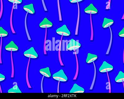 Nahtloses Muster mit Pilzen auf blauem Hintergrund. Langer Stielpilz. Halluzinogen und psychedelische Pilze. Giftige Pilze. Design für Pfosten Stock Vektor