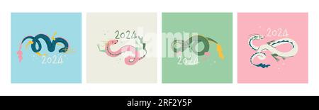 Drachensymbol für 2024. Chinesischer Lunisolar-Kalender. Satz von vektorisolierten Illustrationen für die Konstruktion. Stock Vektor