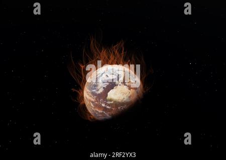 Der Planet Erde brennt in Flammen auf schwarzem Hintergrund. 3D Darstellung der politischen Konzeptidee der globalen Erwärmung Stockfoto