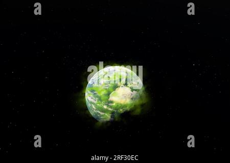 Vergiftete Erde unter einer grünen Wolke im Freien auf dunkelschwarzem Hintergrund. 3D Darstellung der politischen Konzeptidee der globalen Erwärmung Stockfoto