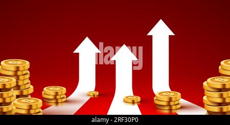 Großer Haufen goldener Münzen mit nach oben wachsenden Pfeilen. Wachsendes Geschäftskonzept. Vektordarstellung Stock Vektor