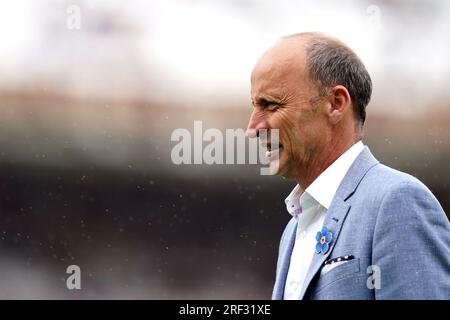 Ehemaliger englischer Cricket-Spieler Nasser Hussain vor dem fünften Tag des fünften LV= Insurance Ashes Series-Testspiels im Kia Oval, London. Foto: Montag, 31. Juli 2023. Stockfoto