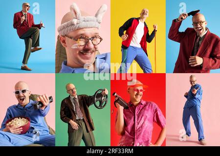 Fotoset-Collage von Porträts emotionaler junger Männer in verschiedenen Modekleidung, die positive Emotionen ausdrücken Stockfoto