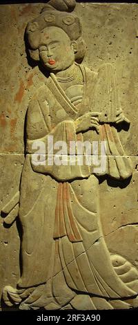 Stele en terre cuite avec musicienne, dynastie Tang (618-907), decouverte dans la Province de Shaanxi, Musee de la foret de Steles a Xian. Stockfoto