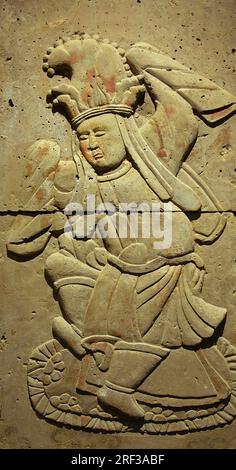 Stele en terre cuite avec danseur, dynastie Tang (618-907), decouverte dans la Province de Shaanxi, Musee de la foret de Steles a Xian. Stockfoto