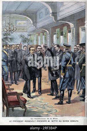 Le 1er septembre 1905 est signe le traite de paix de Portsmouth entre le Baron japonais Komura et le Russe Witte Grace au President des Etats Unis Theodore Roosevelt. Gravure in 'Le Petit Parisien', le 27081905. Stockfoto