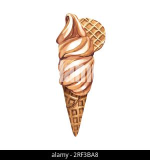 Aquarelle Nachspeise, realistische, weiche Eiswaffel mit Keksen. Handgezeichnete Darstellung isoliert auf weißem Hintergrund. Perfekte Speisekarte, Design Stockfoto