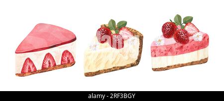 Aquarell-Dessert, ein Stück Käsekuchen mit frischen Erdbeeren. Handgezeichnete Darstellung isoliert auf weißem Hintergrund. Perfekte Speisekarte, Essen Stockfoto