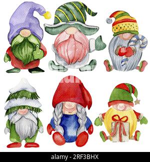 Aquarelle skandinavische Weihnachtszwerge. Weihnachtsdekoration und Figuren. Aquarelle Elemente. Design für Babyparty, Geburtstag, Kuchen, Holid Stockfoto