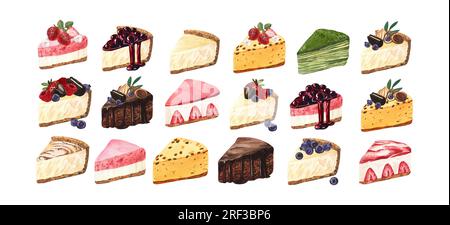 Aquarell-Dessert, bunte süße Kuchen Scheiben Käsekuchen mit frischen Beeren. Handgezeichnete Darstellung isoliert auf weißem Hintergrund Stockfoto