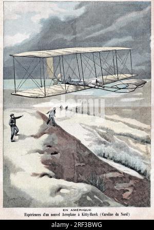 Erleben Sie das Flugzeug de vol d'un nouvel à Kitty-Hawk en Caroline du Nord par les freres Orville Wright (1871-1948) et Wilbur Wright (1867-1912), Piloten et constructeurs aeronautiques americains. Gravure in 'Le Petit Parisien', le 24011904. Stockfoto