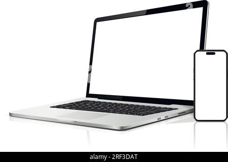 Laptop, Tablet und Mobiltelefon. Flach liegendes detailliertes und realistisches Gerätemodell Stock Vektor