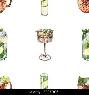 Wasserfarbenes, nahtloses Muster, Cocktailgläser: mojito, Limette, Matcha, Gurke. Handgezeichnete Darstellung isoliert auf weißem Hintergrund. Perfekt für Stockfoto