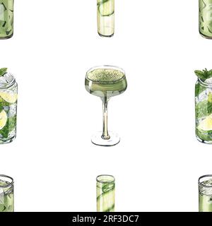 Wasserfarbenes, nahtloses Muster, Cocktailgläser: mojito, Limette, Matcha, Gurke. Handgezeichnete Darstellung isoliert auf weißem Hintergrund. Perfekt für Stockfoto