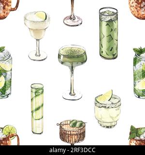 Wasserfarbenes, nahtloses Muster, Cocktailgläser: mojito, Limette, Matcha, Gurke. Handgezeichnete Darstellung isoliert auf weißem Hintergrund. Perfekt für Stockfoto