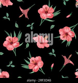 Tropisches Blumenmotiv Hibiskus, Blätter und Buddentenblumen mit nahtlosem Hintergrund. Exotische Dschungeltapete. Handgezeichnete Aquarelle auf Schwarz Stockfoto