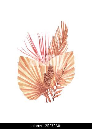 Getrocknete tropische Palmenblätter bilden Bouquets. Pastellfarbene, wässrige Blumenvorlage, isolierte Kollektion für Hochzeitskranz, Blumenstrauß, Dekorationsdesign Stockfoto