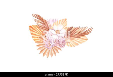 Getrocknete Blumen, Hortensien, tropische Palmenblätter. Pastellfarbene, wässrige Blumenvorlage, isolierte Kollektion für Hochzeitskranz, Blumenstrauß Stockfoto