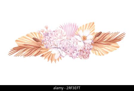 Getrocknete Blumen, Hortensien, tropische Palmenblätter. Pastellfarbene, wässrige Blumenvorlage, isolierte Kollektion für Hochzeitskranz, Blumenstrauß Stockfoto