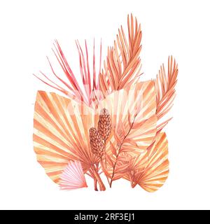 Getrocknete tropische Palmenblätter bilden Bouquets. Pastellfarbene, wässrige Blumenvorlage, isolierte Kollektion für Hochzeitskranz, Blumenstrauß, Dekorationsdesign Stockfoto