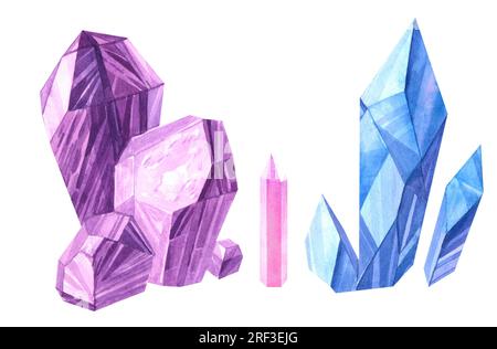 Aquarell, lila Amethyst und blauer Kristall, handgezeichnete Malerzeichnung isoliert auf weißem Hintergrund, Edelstein für Modewerbung Stockfoto