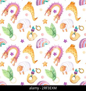 Muster Aquarell mit umweltfreundlichem Spielzeugholz, Makrame, Regenbogenpyramide, Kaninchen, Vogel, Entenspielzeug für Kinder. Design für Logo, Babytextilien, Print, Kinderzimmer Stockfoto