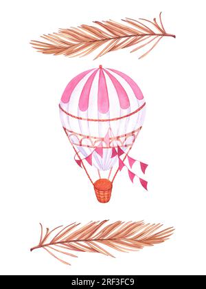 Aquarell-Set mit Heißluftballons und Girlande. Handbemalte Himmelszeichnung mit Aerostate und isolierten Flaggen auf weißem Hintergrund. Für Design Stockfoto