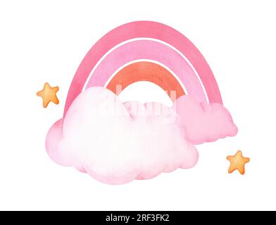Handbemalte Regenbogen in Aquarellfarben, pinkfarbene Wolkensterne. Süße Illustrationen isoliert. Design für Logo, Babytextilien, Druck, Kinderzimmer-Dekor Stockfoto