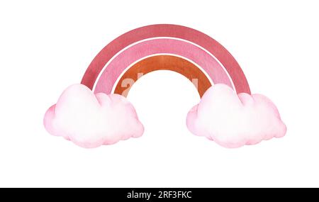 Handbemalte Regenbogen und pinkfarbene Wolken. Süße Illustrationen isoliert. Design für Logo, Babytextilien, Druck, Kinderzimmer-Dekor, Kinder Stockfoto