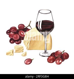 Aquarelle Darstellung des einen Glases Rotwein, Trauben und Parmesan. Bild eines auf weißem Hintergrund isolierten alkoholischen Getränks Stockfoto