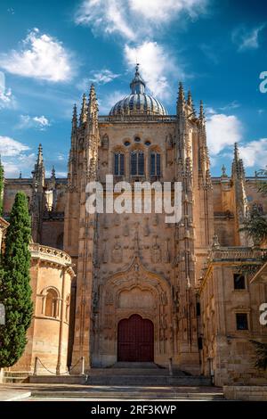 Monumentale Seitenfassade der Kathedrale von Salamanca, Spanien, die zum UNESCO-Weltkulturerbe gehört Stockfoto