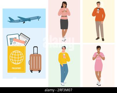 Touristen Sommerurlaub Mann Woman Adventure Tourismusflugzeug Gepäck Flugticket Reisepass Transportkonzept. Wochenendausflug Vector Illustratio Stock Vektor