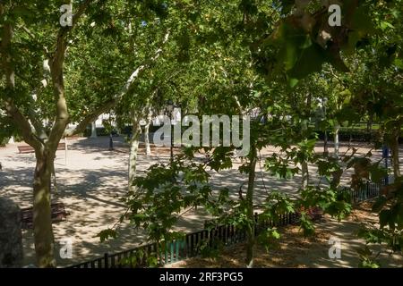 Sie blicken auf die Plaza de Oriente - den East Square im historischen Zentrum von Madrid, mit dem Royal Place im Westen und dem Teatro Real Stockfoto