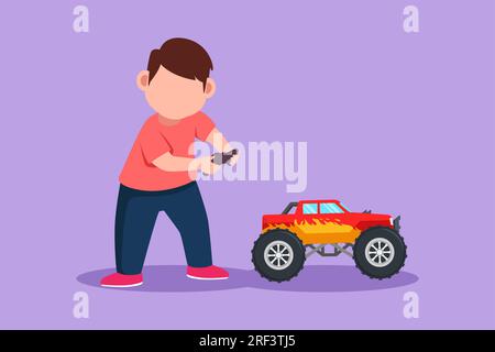 Figur-Flachzeichnung eines fröhlichen kleinen Jungen, der mit ferngesteuerten Monster-Truck-Spielzeugen spielt. Kinder, die mit einem elektronischen Spielzeugwagen mit Fernbedienung spielen Stockfoto