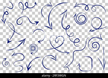 Infografikelemente auf isoliertem transparentem Hintergrund, einfache Pfeile. Strichkunststil. Satz verschiedener Zeiger und Pfeile. Schwarz auf Weiß Stock Vektor