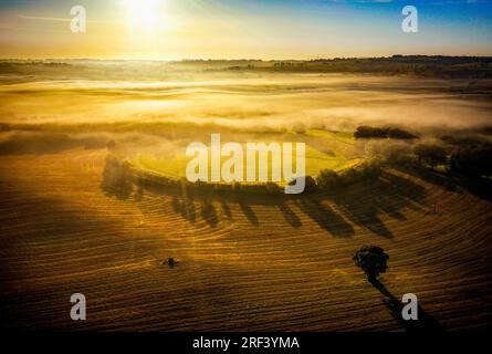 Sonnenaufgang durch den Nebel am Giant's Ring Henge Monument in Ballynahatty, Shaw's Bridge, Belfast Northern Ireland Stockfoto