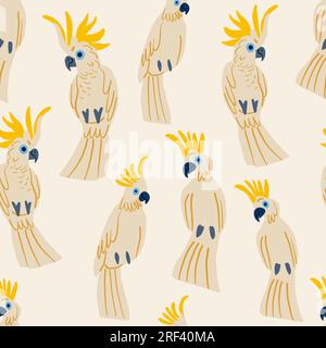 Vektormuster mit Papageien. Kakadu-Figuren, weißer Vogel. Süße Papageien auf Licht. Exotischer und tropischer Hintergrund. Vektordarstellung Stock Vektor