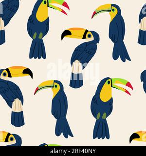 Nahtloses Muster mit handgezeichnetem Tukan auf hellem Hintergrund. Vektordarstellung Stock Vektor