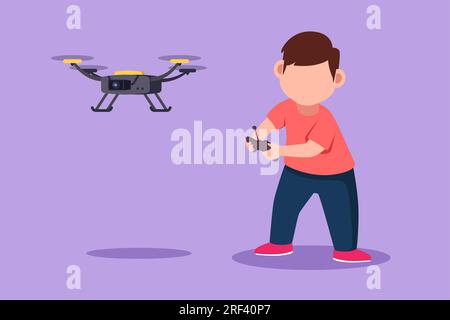 Flache Zeichnung eines fröhlichen Jungen mit ferngesteuerter Drohne im Cartoon-Stil. Ein bezauberndes Kind, das mit einem Quadcopter spielt. Glückliches Kind, das fliegenden Robo kontrolliert Stockfoto