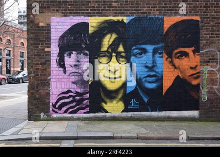 Porträts oder Porträts der Fab Four of the Beatles Pop Group Wall Painting oder Fototapete im Baltic Triangle Liverpool England Stockfoto