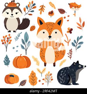 Herbstkollektion, Waldtiere, Vegetation, Laub, Erntedankfest. Süße herbstliche Tiere, Fuchs, süßer Waschbär, Maulwurf. Vektordarstellung. Stock Vektor