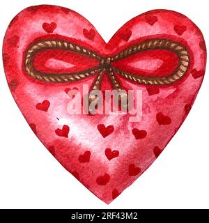 Aquarelle Herzen, valentinstag Rot, Violett, Violett Herzen Set. Glückwunschkarte zum Valentinstag. Zeichnungsset mit Herzen aus Holz und Stoff. Handgezeichnet. Stockfoto