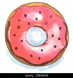 Aquarelle Donut-Käsekuchen Eiscreme Kirschhimbeere Illustration Stockfoto