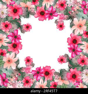 Aquarelle Kaktusvorlage auf weißem Hintergrund. Handgezeichnete Blume. Design-Element für Einladungs- und Grußkarte. Stockfoto