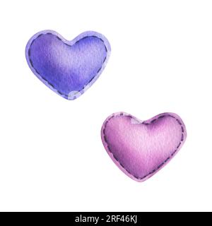 Herzen aus Stoff in Pink und Blau genäht. Aquarell, handgezeichnet. Gruppe isolierter Elemente auf weißem Hintergrund. Stockfoto