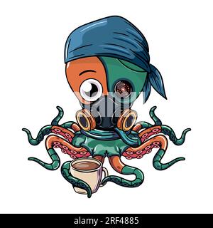 Cartoon Cyborg Oktopus Figur trägt Gasmaske mit einer Tasse Kaffee. Illustration für Fantasie, Science-Fiction und Abenteuer-Comics Stock Vektor