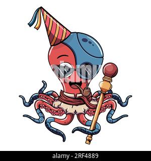 Cartoon-Cyborg-Oktopus-Figur feiert mit einem Geburtstagsmütze, hält ein Zepter und raucht eine Pfeife. Illustration für Fantasie, Science-Fiction und Stock Vektor