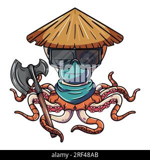 Cartoon Cyborg Octopus Figur mit chinesischem Hut, einer Kriegsaxt, Brille und einer Gesichtsmaske. Illustration für Fantasie, Science-Fiction und Abenteuer-Comics Stock Vektor